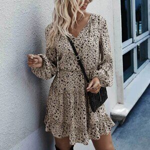 Brown Boho Womens Ditsy Floral Tie Neck Bishop Sleeve Layered Dress